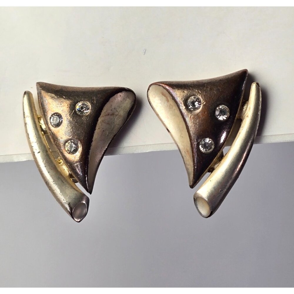 Vintage Modernist Clip On Earrings Atomic Era Two Tone Rhinestone Mid Century